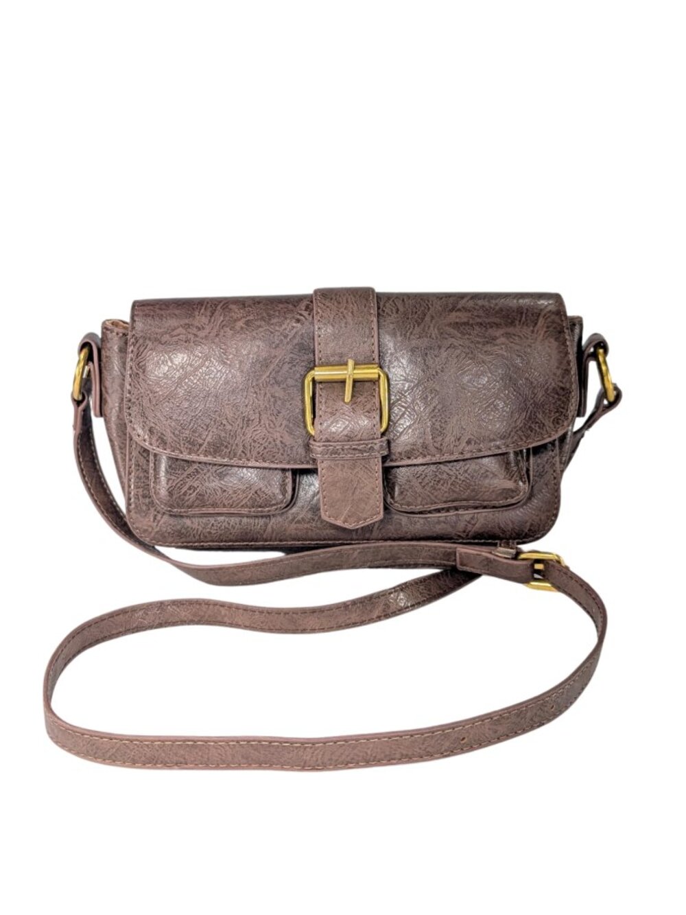 Y2K 00s Vintage Dark Brown Faux Leather Structured Flap Buckle Soho Crossbody